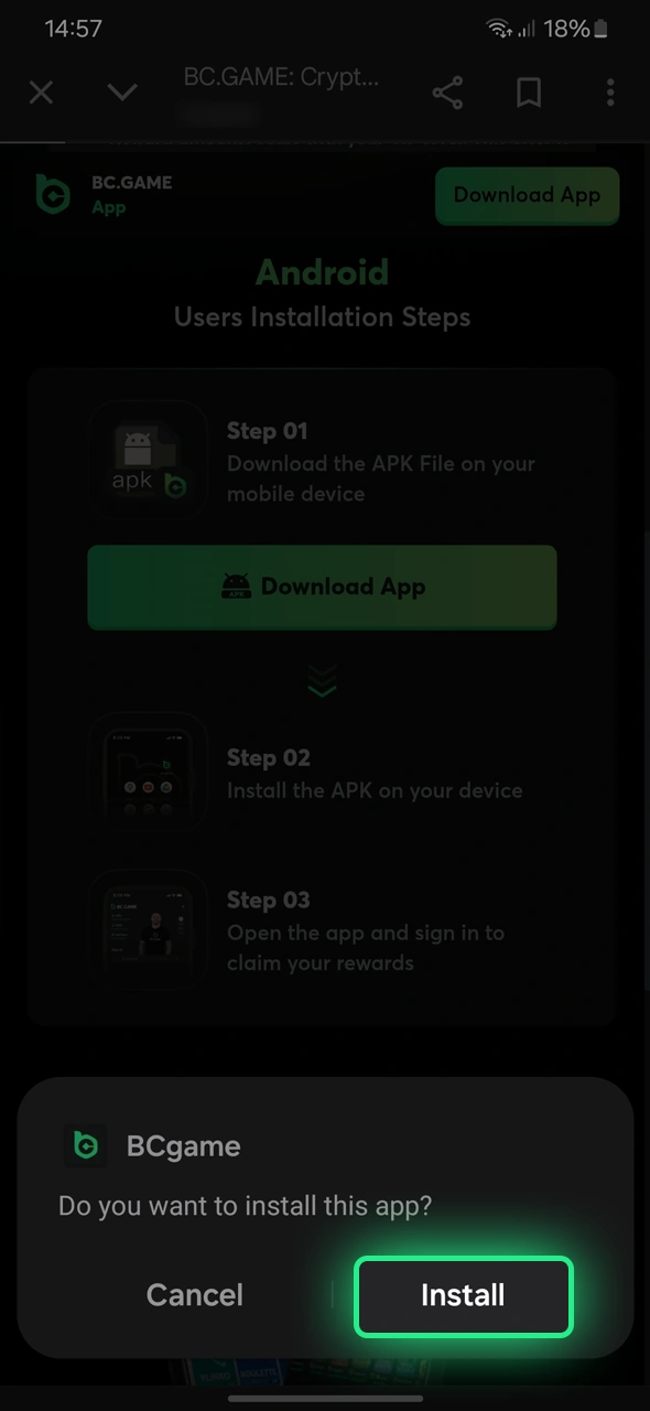 Install the Android app to access your favorite BC Game features.
