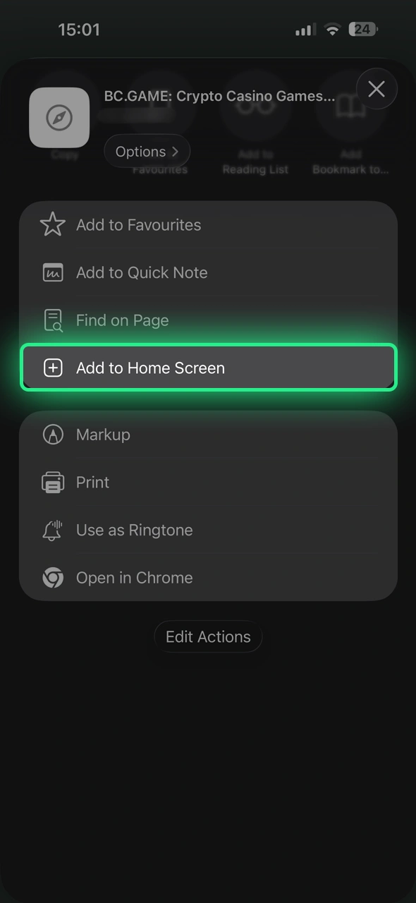 Select add to home screen to save the BC Game iOS icon.