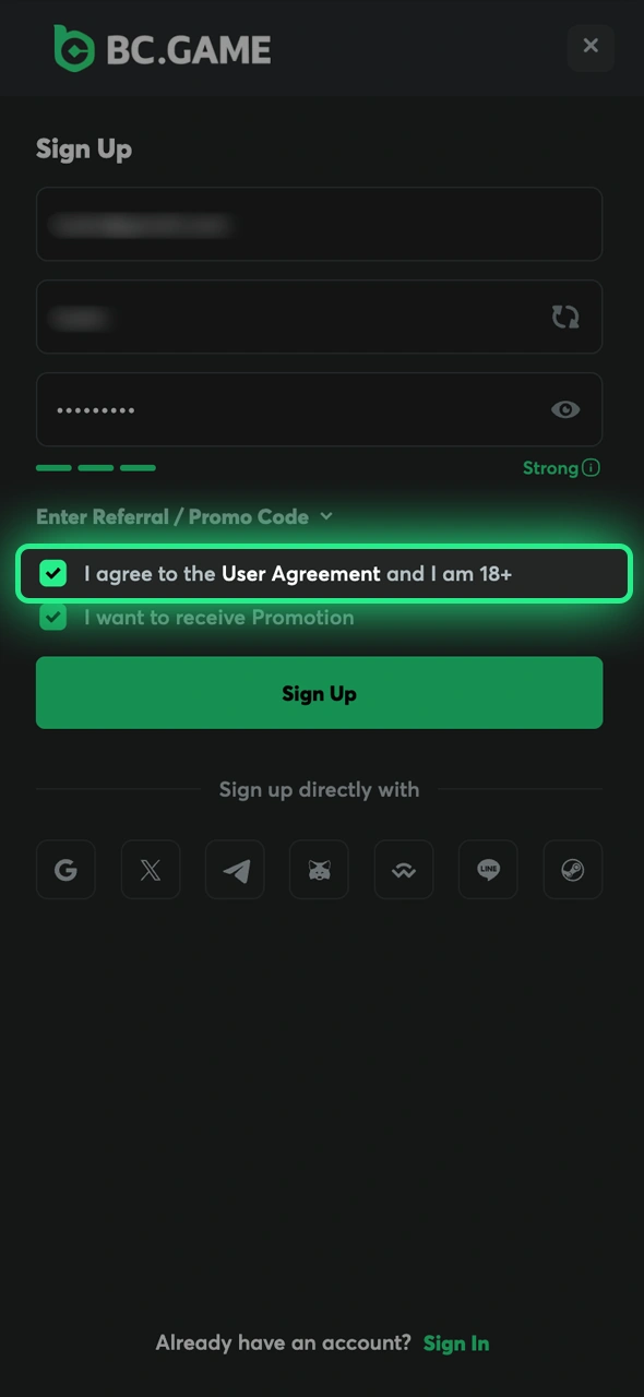 Agree to terms and conditions to finalize your BC Game registration.