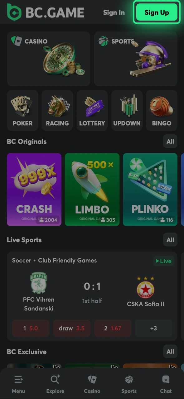 Launch the app on your mobile device to start BC Game registration.