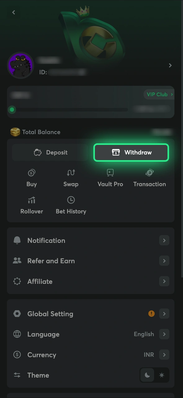 Go to the withdrawal section in your personal BC Game profile.