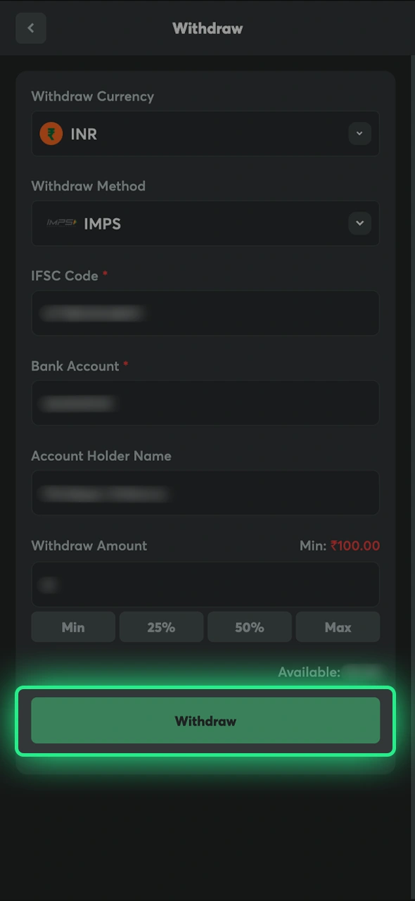 Confirm and submit your request to receive funds from BC Game.